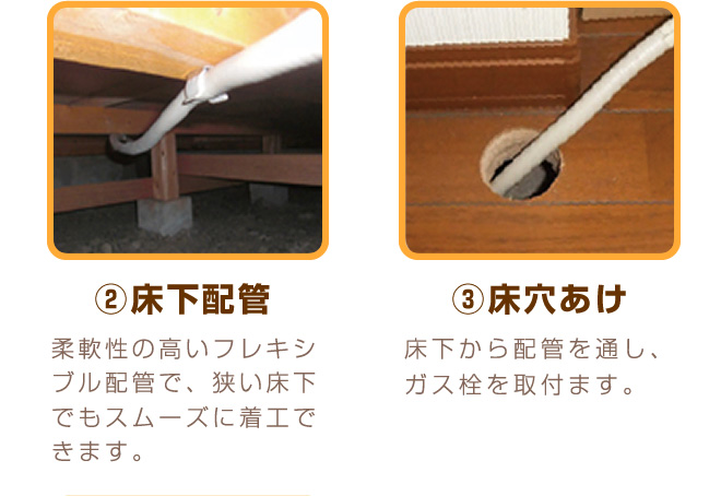 ガス栓施工の流れをご紹介・ガス栓設置(床用)・②床下配管・③床穴あけ